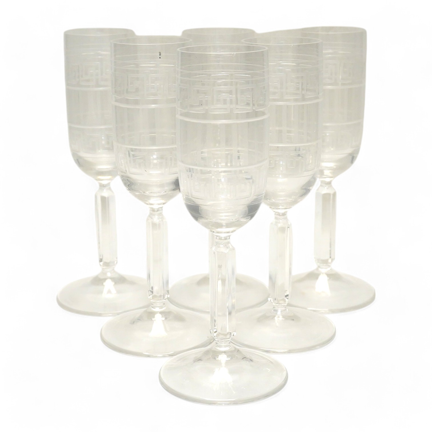 Six boxed Rosenthal for Versace champagne flutes with etched Greek key decoration, 18.5cm high. Condition - good.